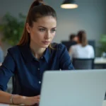 Femme au bureau fixant un écran d'ordinateur affichant une erreur de connexion sur Arkevia