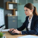 Femme en bureau moderne travaillant sur ordinateur