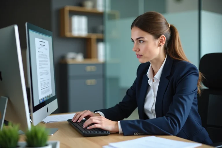 Femme en bureau moderne travaillant sur ordinateur