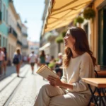 Jeune femme souriante dans un café lisboète en extérieur