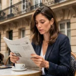 Femme française lisant le journal en terrasse de café parisien, actualités françaises du quotidien