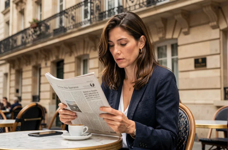 Femme française lisant le journal en terrasse de café parisien, actualités françaises du quotidien