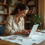 Femme consultant un sitemap de voyage sur ordinateur portable avec une carte du monde sur un bureau en bois dans un bureau à domicile chaleureux
