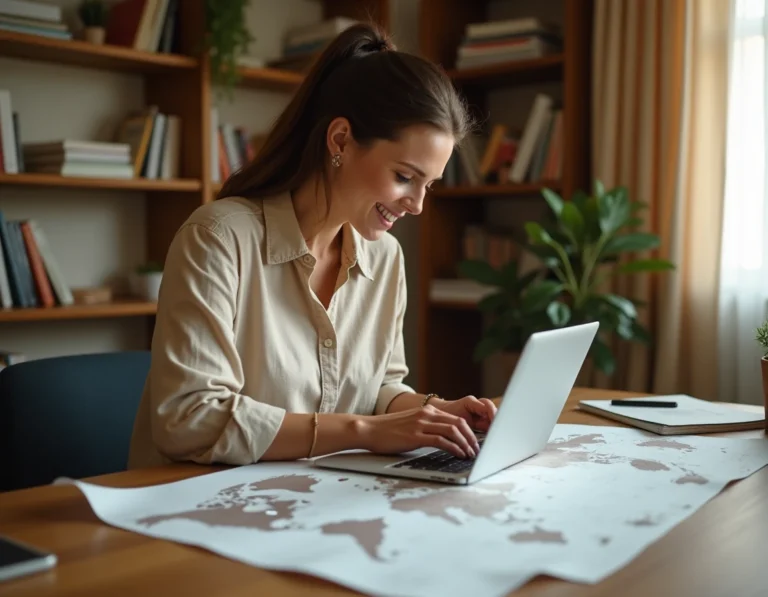 Femme consultant un sitemap de voyage sur ordinateur portable avec une carte du monde sur un bureau en bois dans un bureau à domicile chaleureux