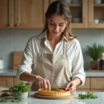 Femme garnissant une tarte aux herbes dans une cuisine moderne