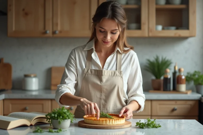 Femme garnissant une tarte aux herbes dans une cuisine moderne