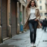 Femme en blazer beige oversize et jean droit marchant dans une rue urbaine pavée, look urbain stylé tendance