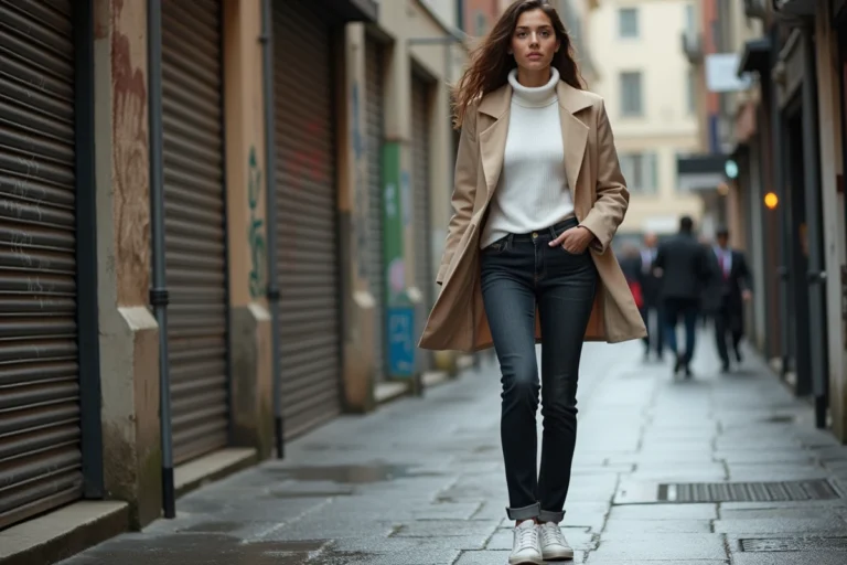 Femme en blazer beige oversize et jean droit marchant dans une rue urbaine pavée, look urbain stylé tendance