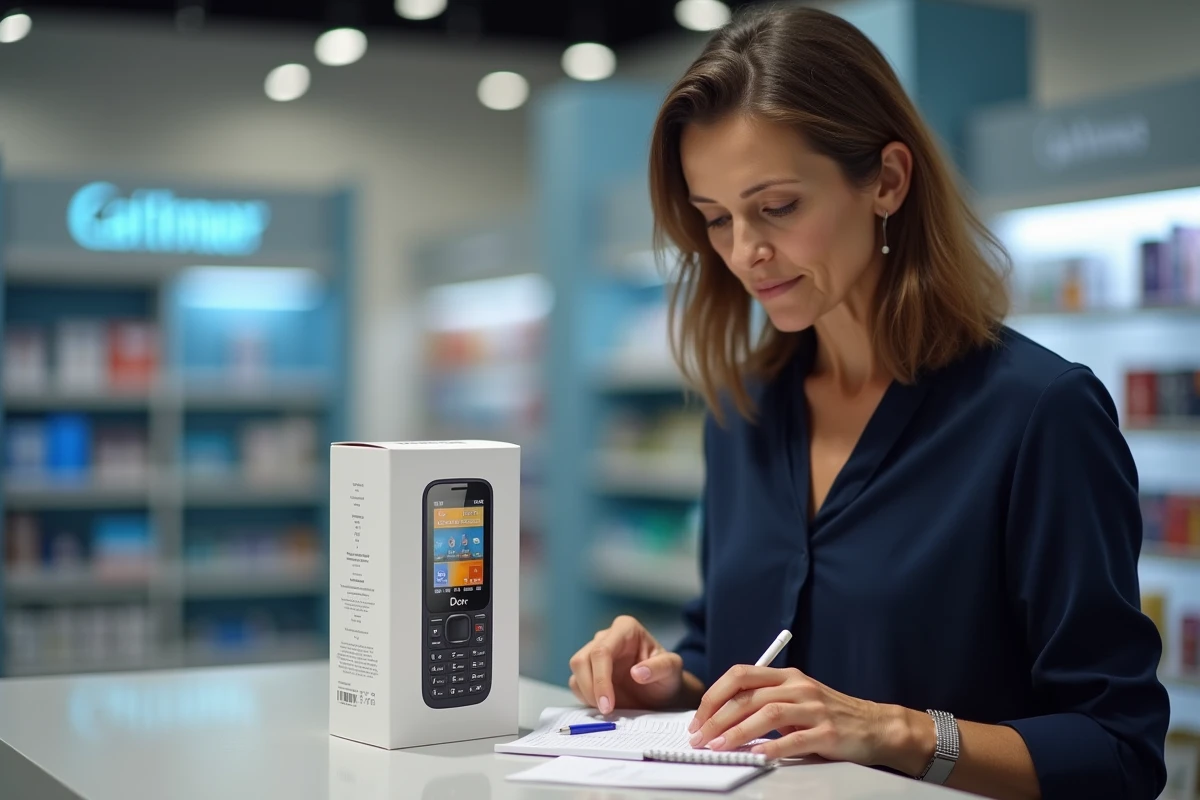 Femme en magasin comparant la compatibilité WhatsApp d'un téléphone Doro à partir de l'emballage et d'une liste de notes