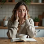 Femme pensant calmement dans sa cuisine chaleureuse