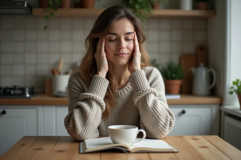 Femme pensant calmement dans sa cuisine chaleureuse