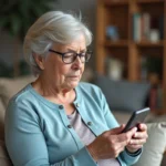 Femme senior tenant un téléphone Doro dans ses mains pour vérifier la compatibilité avec WhatsApp