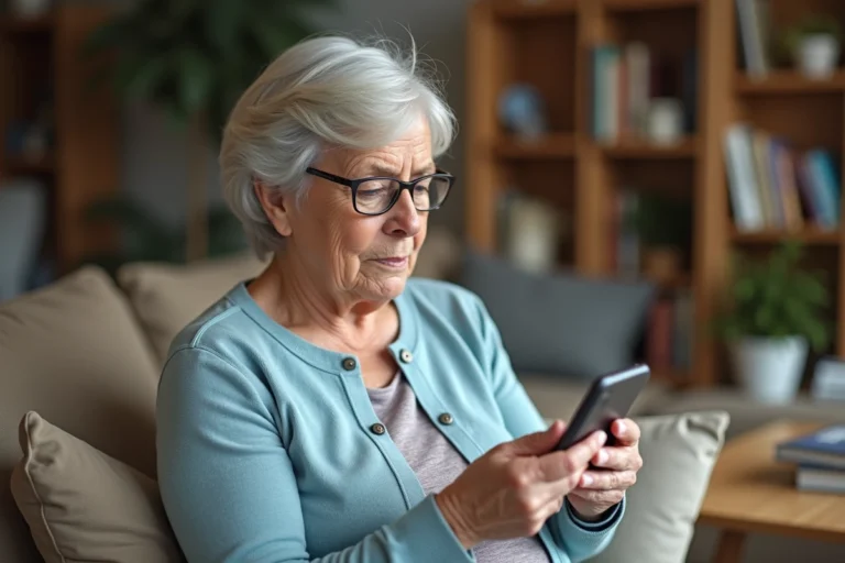 Femme senior tenant un téléphone Doro dans ses mains pour vérifier la compatibilité avec WhatsApp