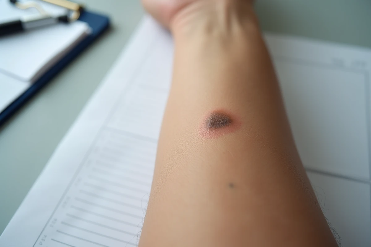 Gros plan sur un grain de beauté qui s'estompe sur la peau d'un avant-bras lors d'un examen dermatologique