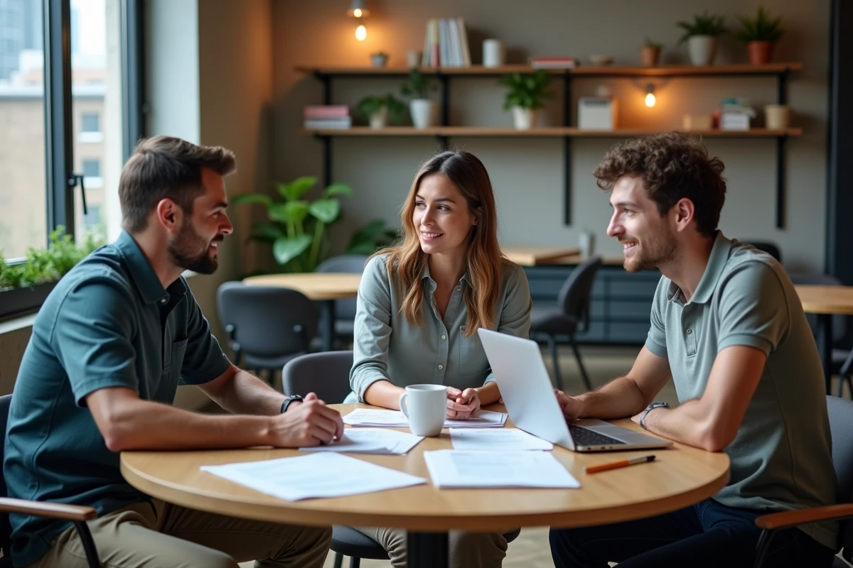 Groupe de candidats révisant ensemble les épreuves psychotechniques pour le recrutement SNCF dans un espace de coworking