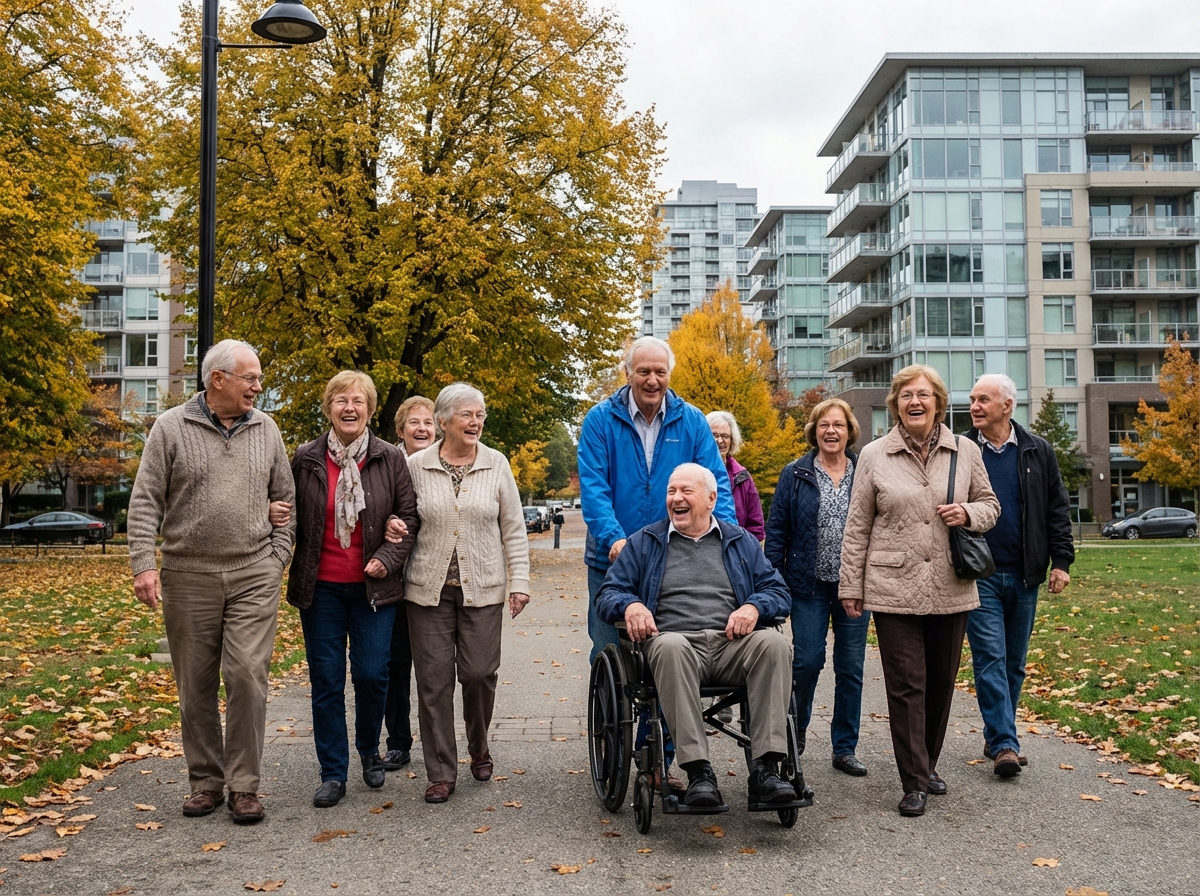 Groupe de seniors se promenant dans un parc urbain