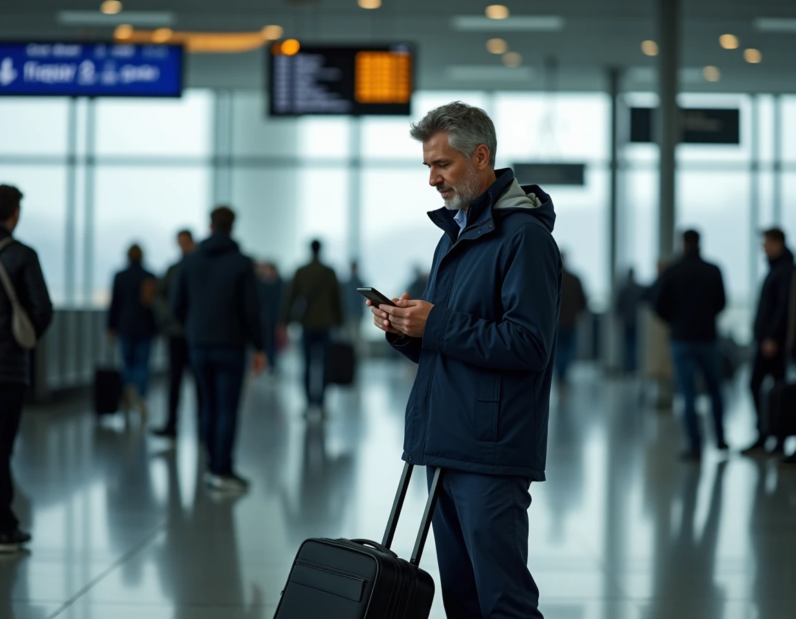 Homme debout dans un terminal d'aéroport consultant un sitemap de voyage sur son smartphone avant son départ
