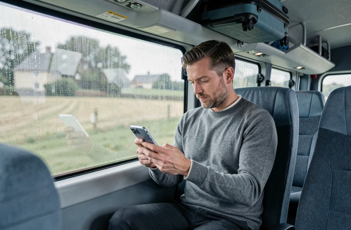 Homme utilisant une application de transport sur smartphone à bord d'un bus interurbain en France