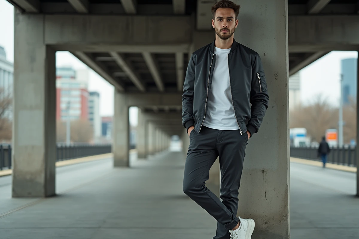 Homme en bomber jacket charbon et chinos sombres posant sous un viaduc urbain, tendance mode urbaine masculine