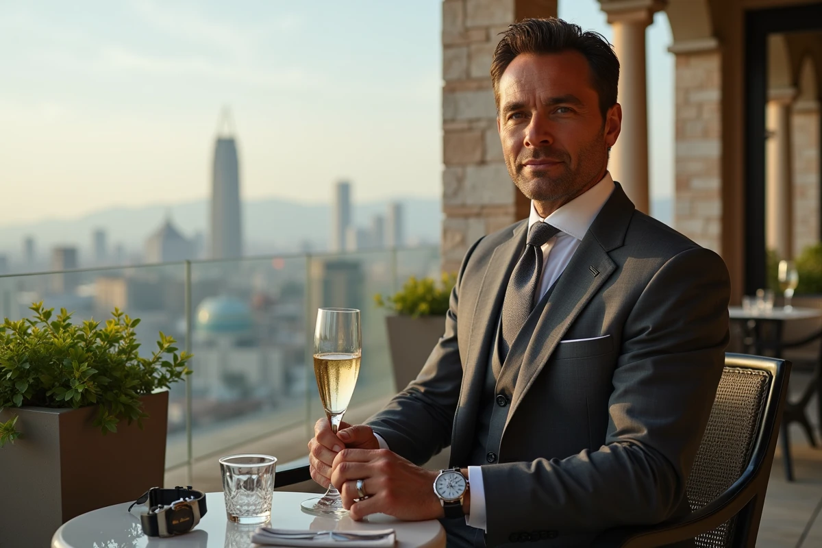 Homme en costume dégustant champagne sur une terrasse urbaine