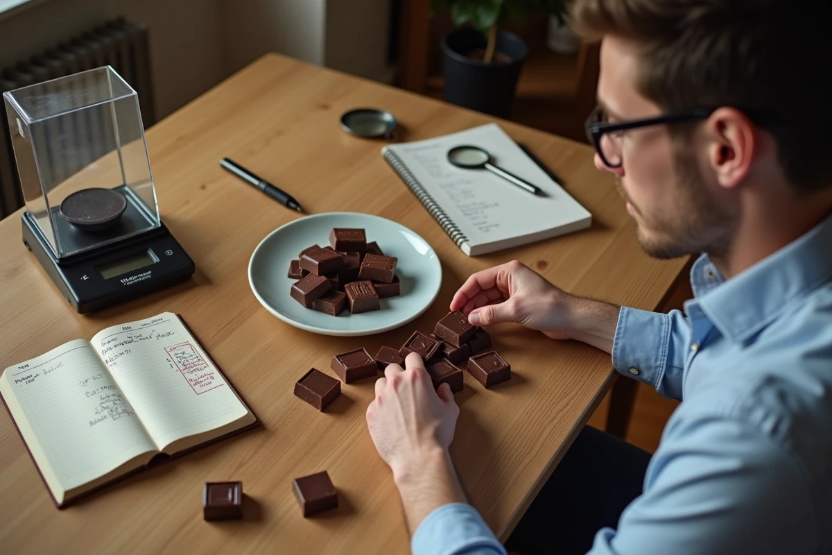 Homme dégustant des carrés de chocolat à la maison