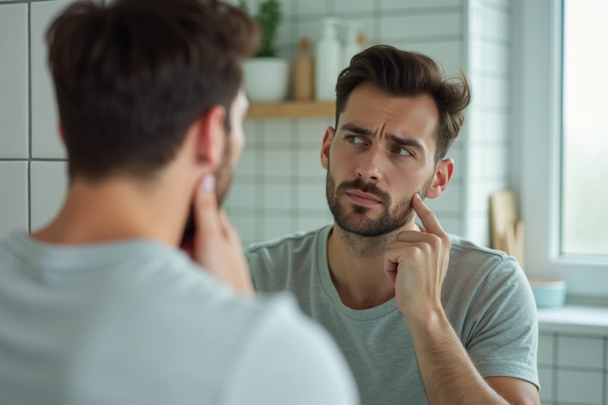 Homme inspectant un grain de beauté sur son cou devant un miroir de salle de bain