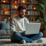 Homme détendu avec ordinateur dans un salon cosy