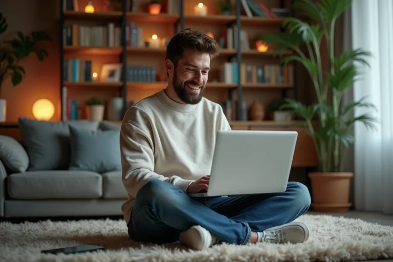 Homme détendu avec ordinateur dans un salon cosy