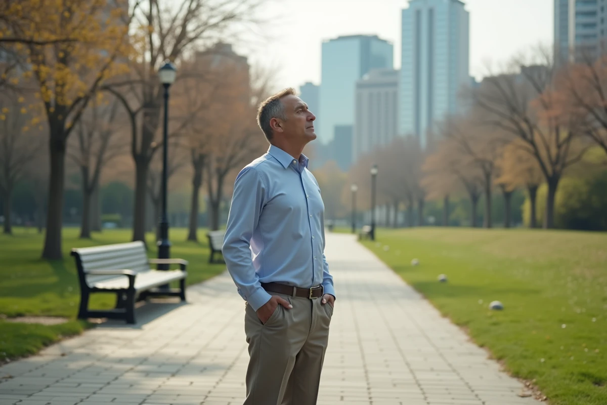 Homme en pleine respiration dans un parc urbain