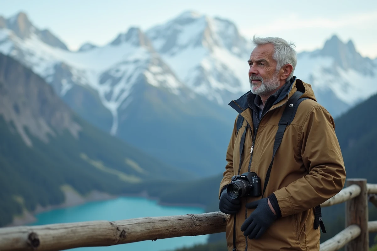 Homme contemplant un lac alpin avec montagnes enneigées