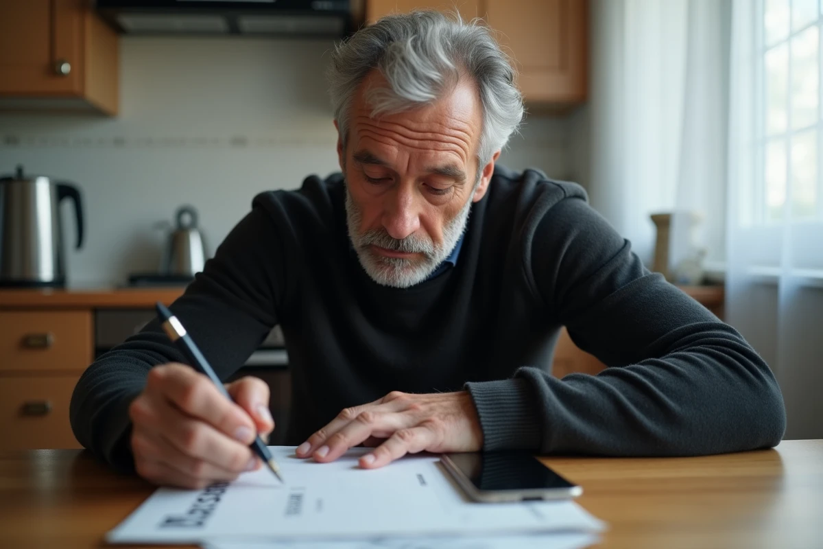 Homme à la maison remplissant des papiers sur la table
