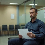 Homme stressé tenant une convocation France Travail dans une salle d'attente d'agence pour l'emploi