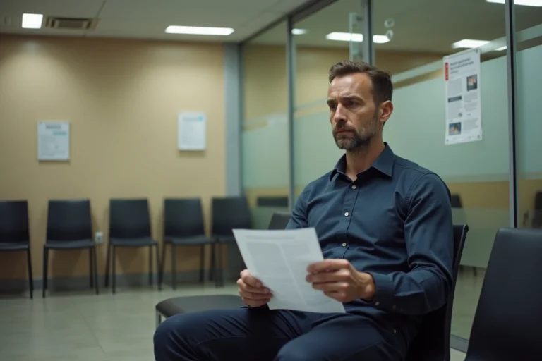Homme stressé tenant une convocation France Travail dans une salle d'attente d'agence pour l'emploi