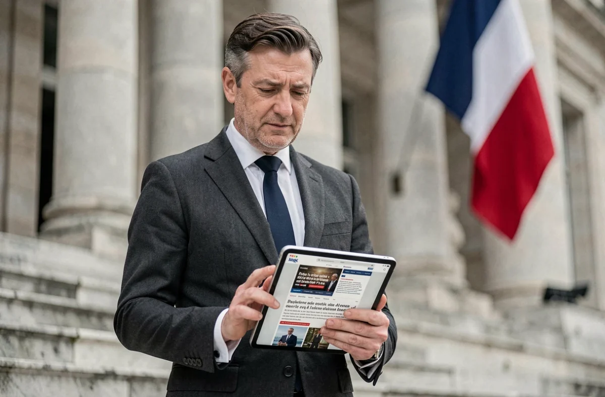 Homme d'affaires français consultant les dernières actualités françaises sur tablette devant un bâtiment officiel