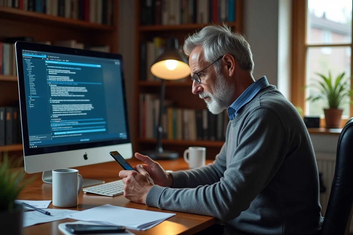 Homme en télétravail résolvant des problèmes de connexion réseau sur son ordinateur de bureau