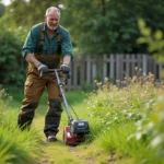Homme d'âge moyen utilisant une débroussailleuse dans un jardin