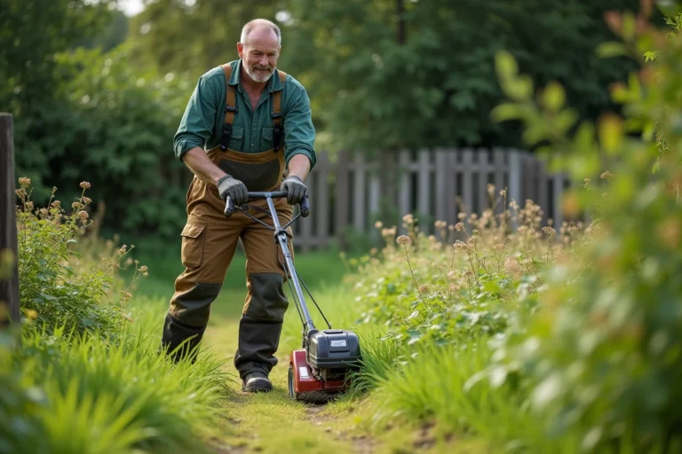 Homme d'âge moyen utilisant une débroussailleuse dans un jardin
