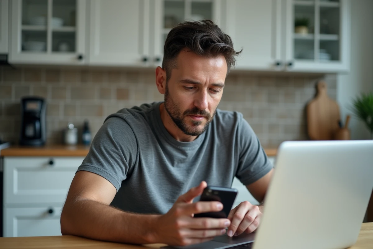 Homme vérifiant la compatibilité de WhatsApp sur un téléphone Doro avec un ordinateur portable ouvert sur la table