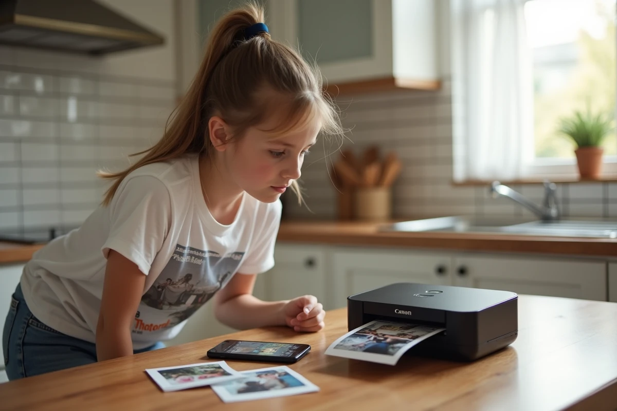 Jeune fille imprimant des photos depuis son téléphone portable avec une imprimante Canon SELPHY dans une cuisine