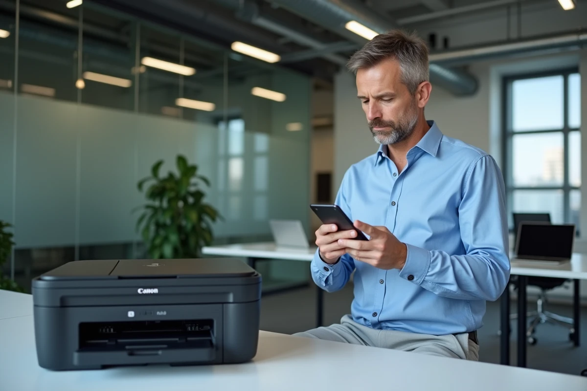 Homme en bureau professionnel imprimant un document depuis son téléphone Android sur une imprimante Canon MAXIFY