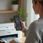 Femme utilisant une application Canon sur son smartphone pour imprimer depuis un téléphone portable via une imprimante Canon PIXMA