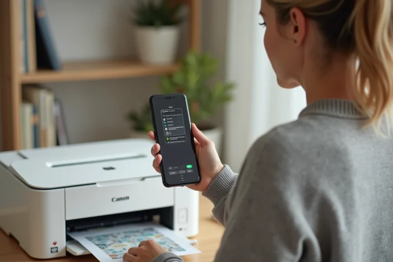 Femme utilisant une application Canon sur son smartphone pour imprimer depuis un téléphone portable via une imprimante Canon PIXMA