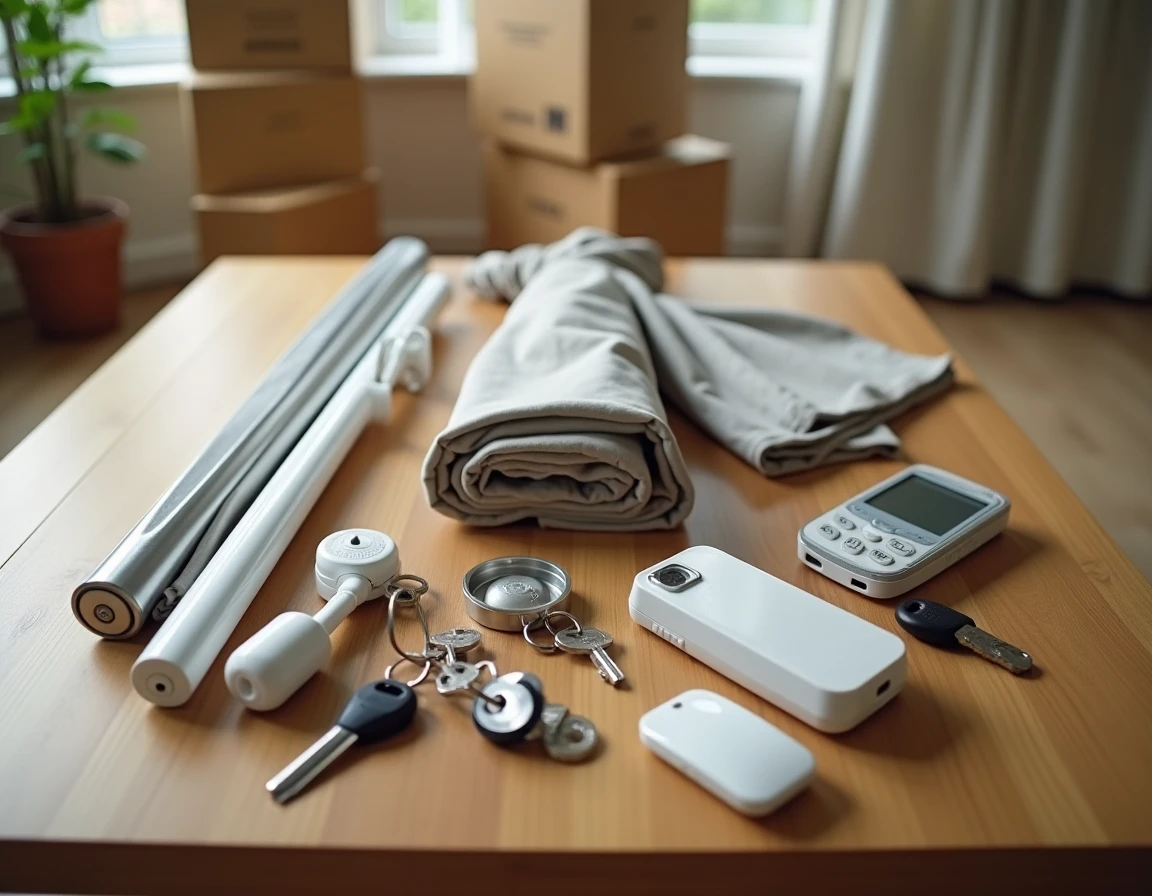Inventaire des objets à laisser lors de la vente d'une maison posés sur une table en chêne, incluant clés, télécommandes et rideaux