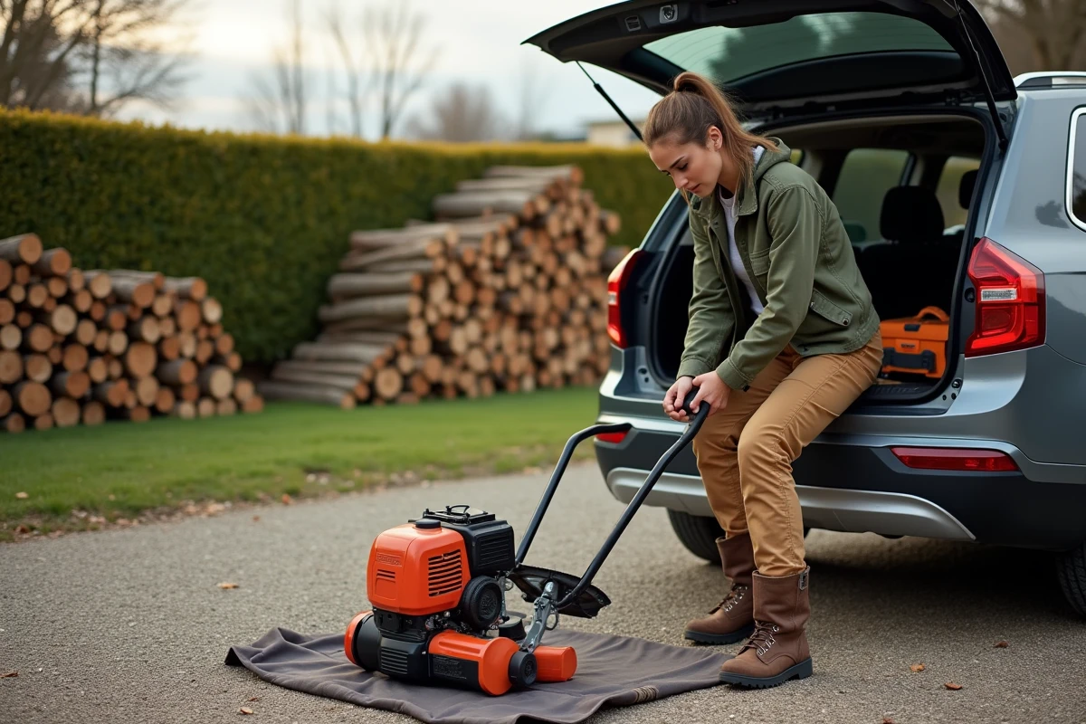 Jeune femme en extérieur assemblant une débroussailleuse