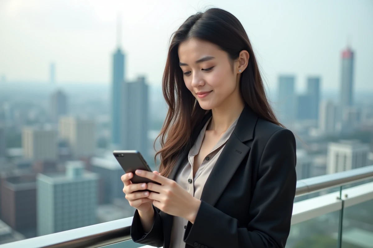 Jeune femme professionnelle regardant son smartphone en ville