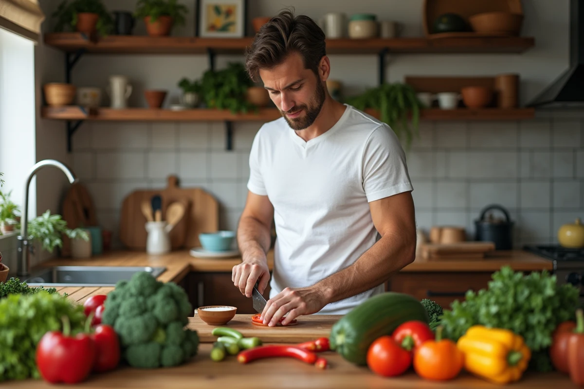 Jeune homme coupant des légumes dans une cuisine chaleureuse