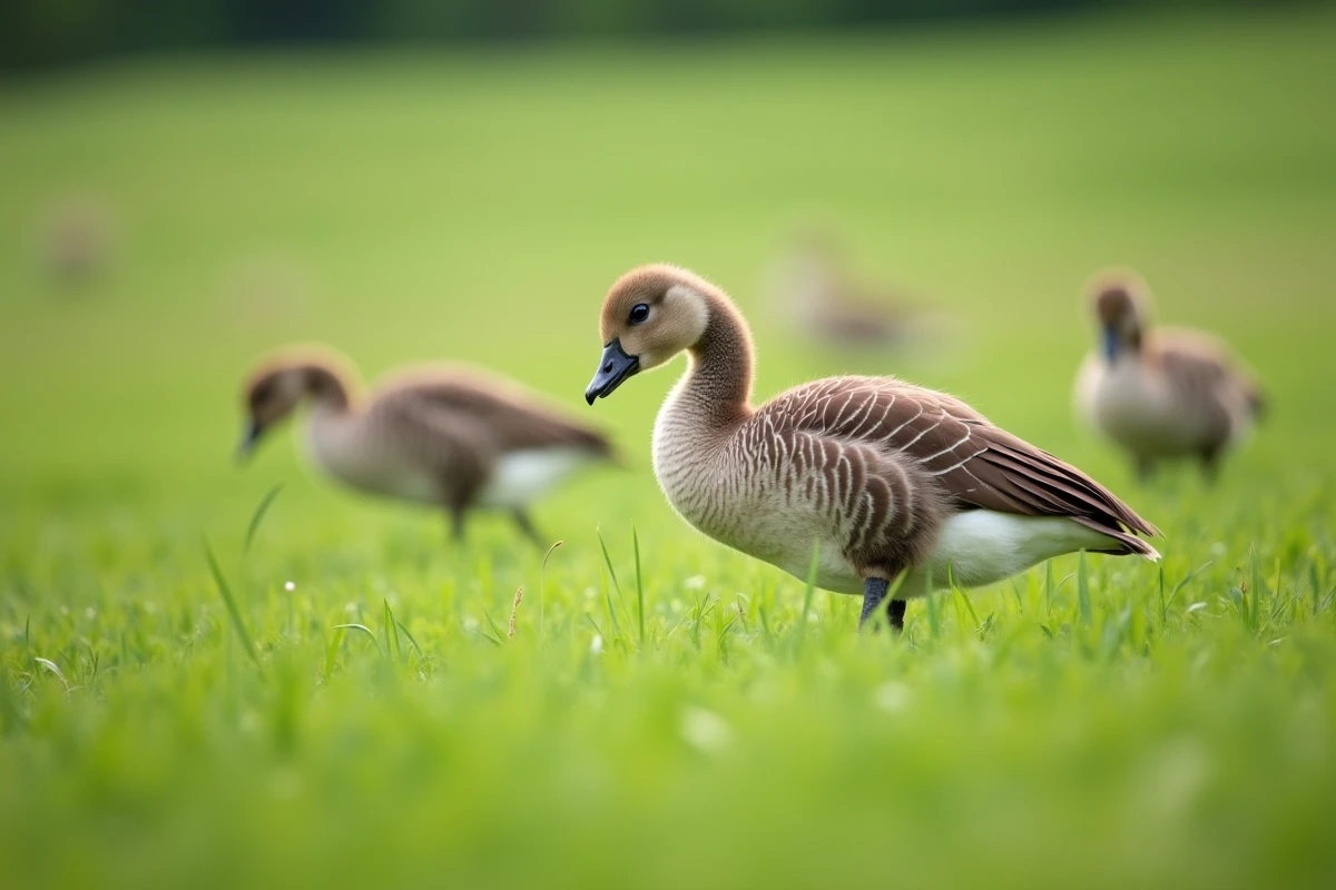 Jeune oie de huit semaines au plumage adulte naissant en train de brouter dans une prairie verte d'une ferme rurale
