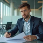 Jeune homme en bureau professionnel en train de revoir des documents