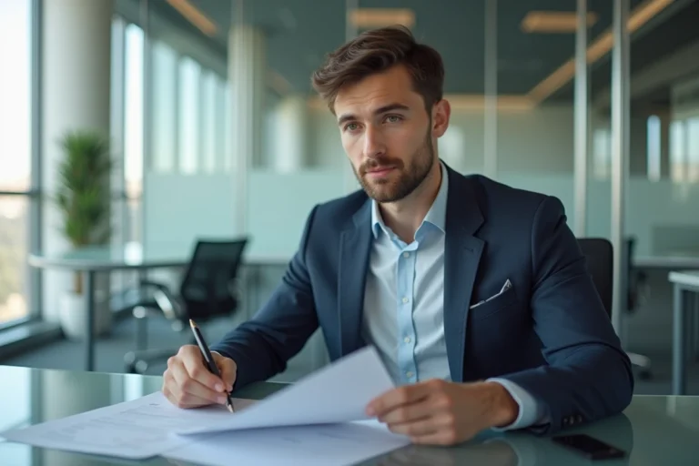 Jeune homme en bureau professionnel en train de revoir des documents