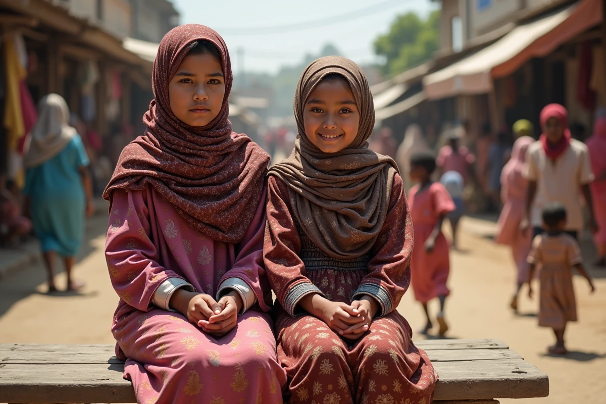 Jeunes femmes assises dans un marché villageois